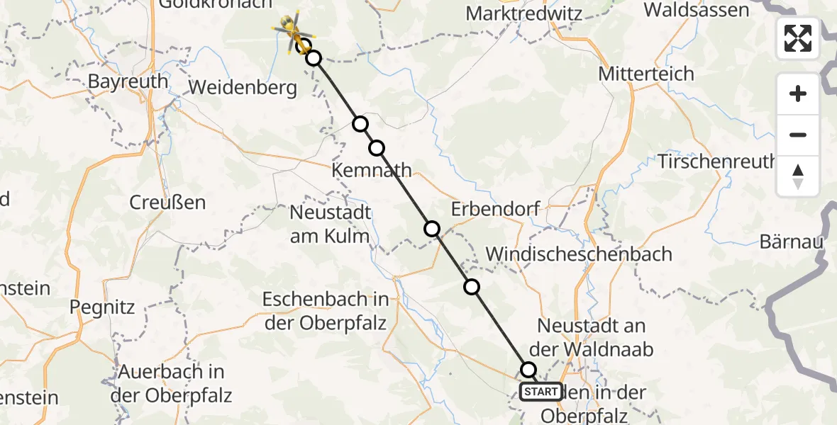 Flugroute Ambulanzhubschrauber Weiden i.d.OPf. - Warmensteinach, 10 August 2026, 17:32