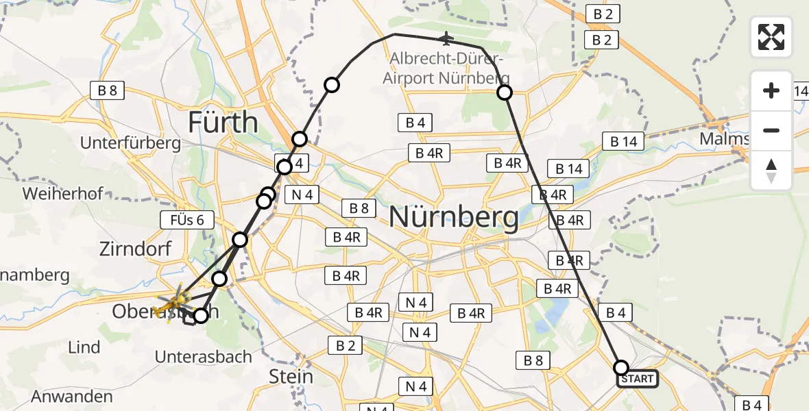 Flugroute Ambulanzhubschrauber Nürnberg South Hospital - Oberasbach, 10 August 2026, 17:32