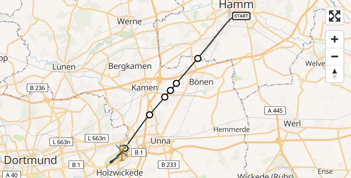 Flugroute Rettungshubschrauber Hamm - Dortmund Flughafen, 10 August 2026, 17:37