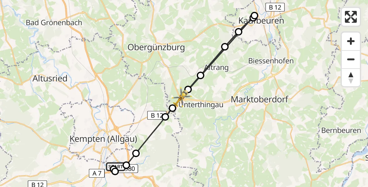 Flugroute Rettungshubschrauber Kempten-Durach Flugplatz - Kraftisried, 10 August 2026, 17:38
