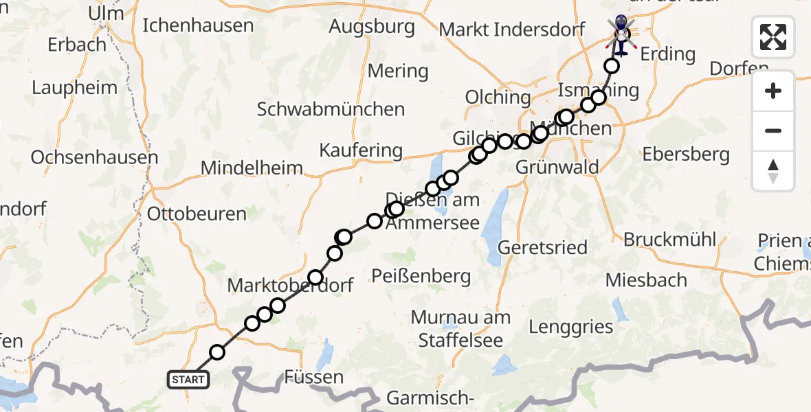 Flugroute Polizeihubschrauber Rettenberg - München Flughafen, 10 August 2026, 17:39