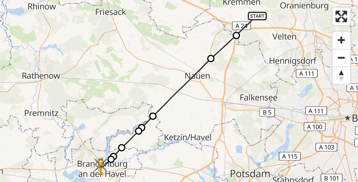 Flugroute Rettungshubschrauber Oberkrämer - Brandenburg an der Havel, 10 August 2026, 17:43
