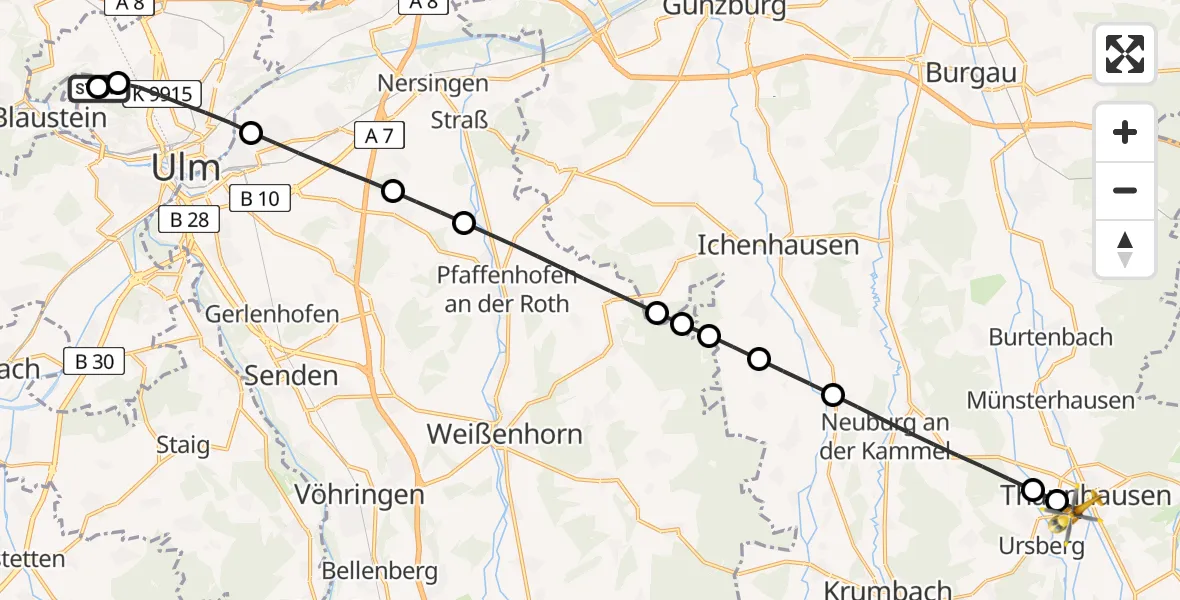 Flugroute Rettungshubschrauber Ulm Military Hospital Emergency - Thannhausen, 10 August 2026, 17:46