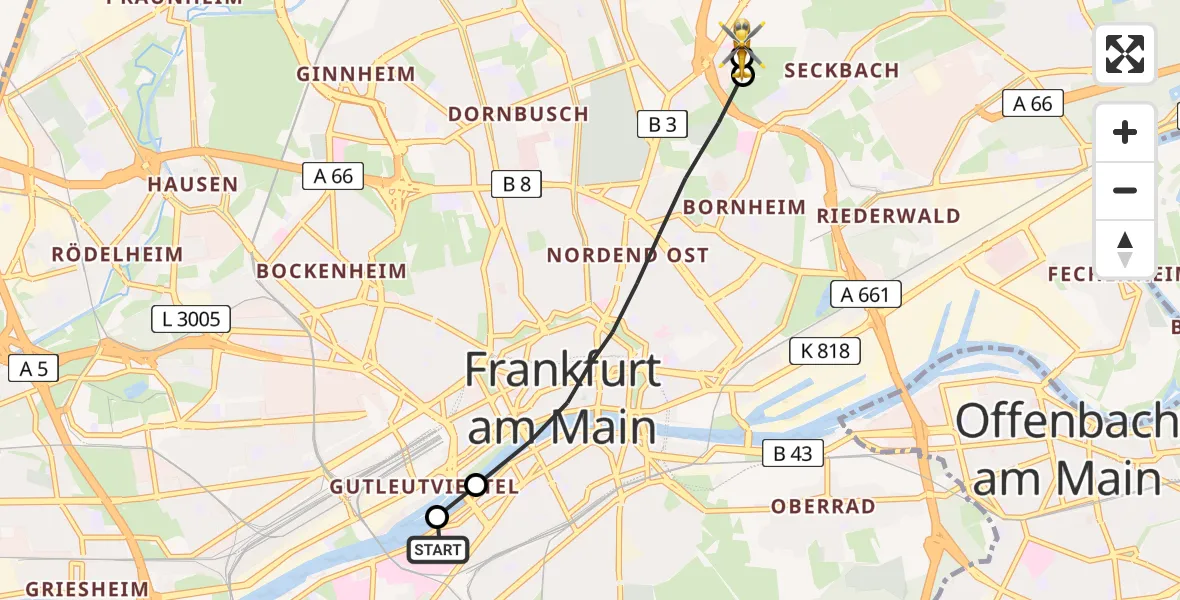 Flugroute Rettungshubschrauber Frankfurt University Hospital - Frankfurt am Main Accident Hospital Roof Helipad (CHX2), 10 August 2026, 17:46
