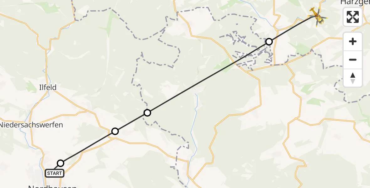 Flugroute Rettungshubschrauber Südharz Hospital Nordhausen - Harzgerode, 10 August 2026, 17:48