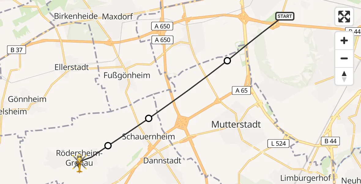 Flugroute Rettungshubschrauber Ludwigshafen am Rhein - Rödersheim-Gronau, 10 August 2026, 18:01