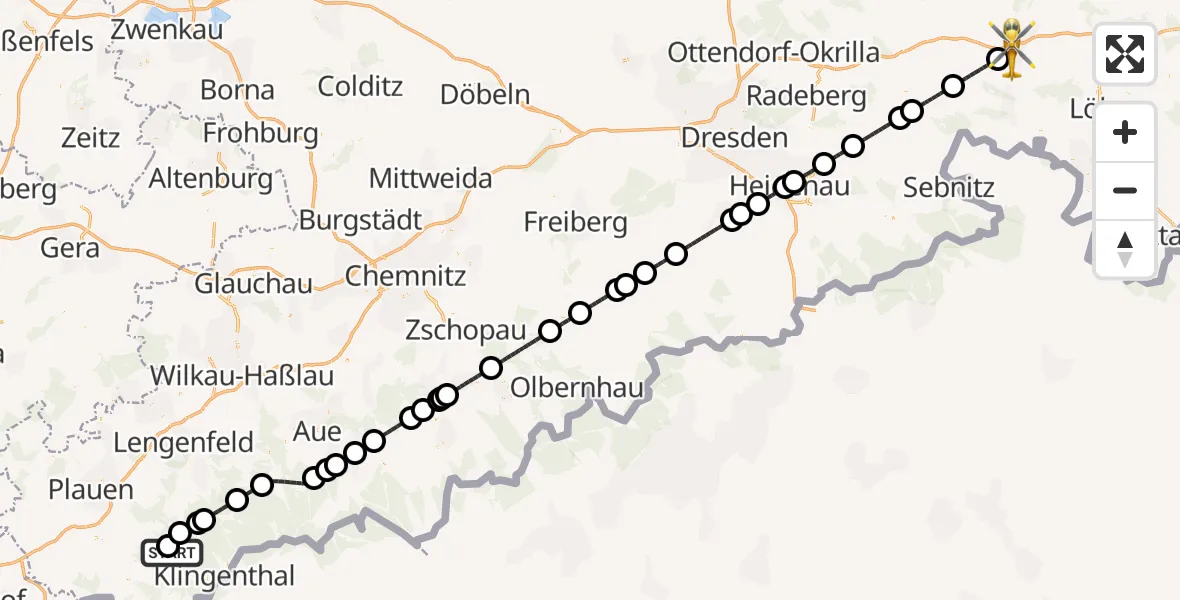 Flugroute Rettungshubschrauber Paracelsus Hospital Schöneck - Bautzen, 10 August 2026, 18:02