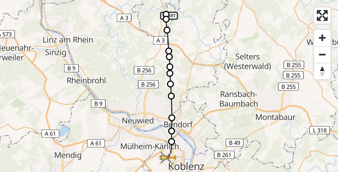 Flugroute Rettungshubschrauber Döttesfeld - Koblenz, 10 August 2026, 18:03