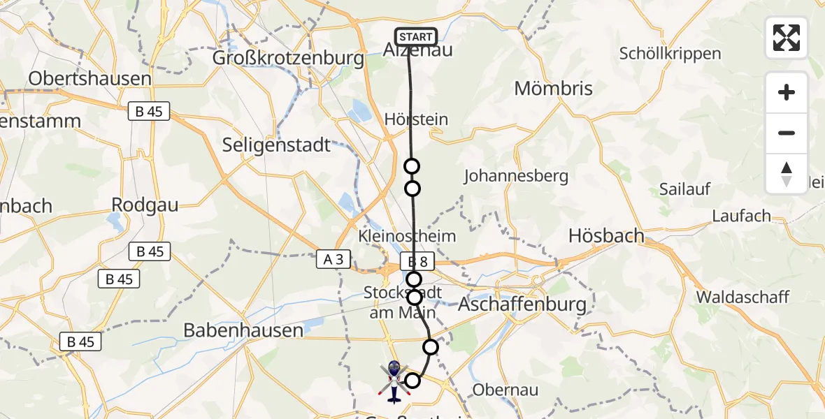 Flugroute Polizeihubschrauber Alzenau - Flugplatz Aschaffenburg, 10 August 2026, 18:03