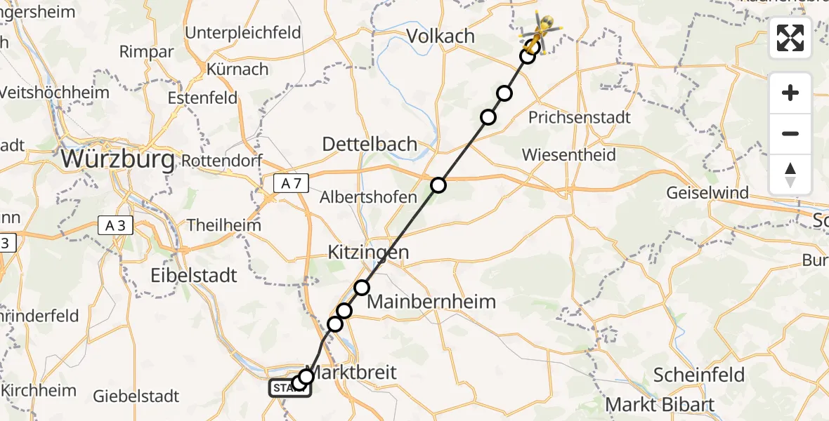 Flugroute Rettungshubschrauber Ochsenfurt Hospital - Lülsfeld, 10 August 2026, 18:04