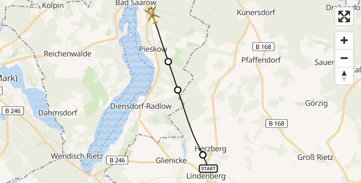 Flugroute Rettungshubschrauber Tauche - Bad Saarow, 10 August 2026, 18:05