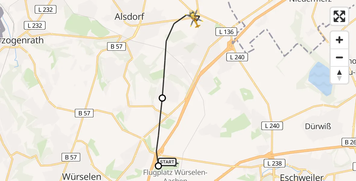 Flugroute Rettungshubschrauber Aachen-Merzbrück Flughafen - Alsdorf, 10 August 2026, 18:09