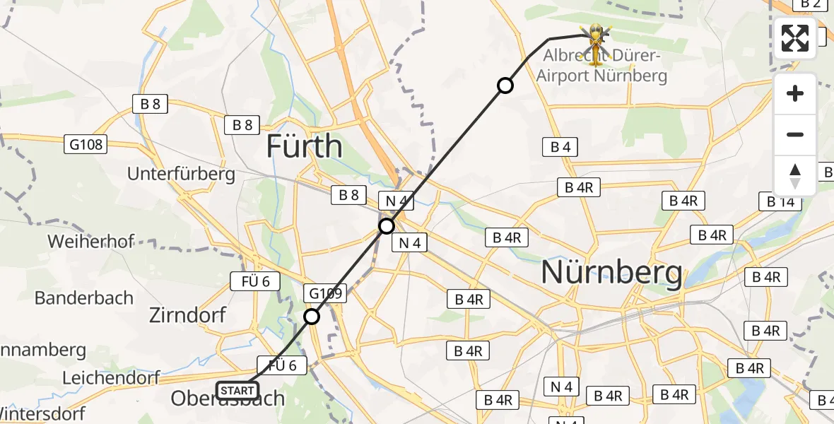 Flugroute Ambulanzhubschrauber Oberasbach - Flughafen Nuremberg, 10 August 2026, 18:10