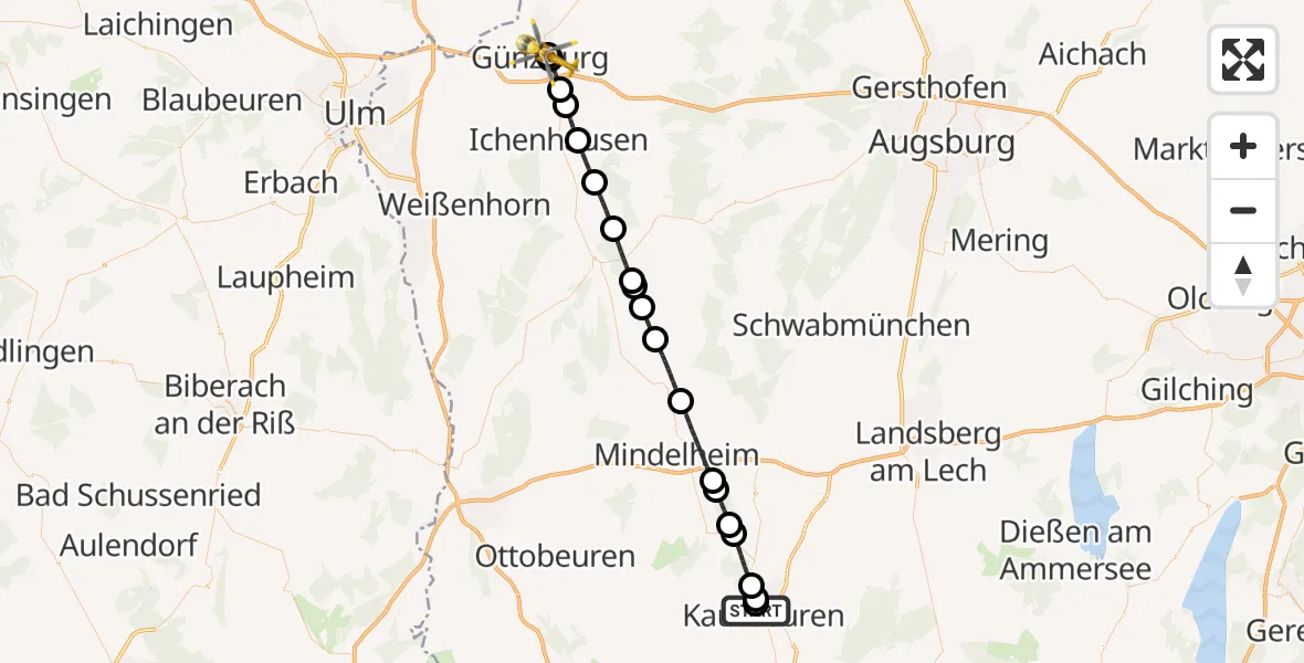 Flugroute Rettungshubschrauber Ostallgäu-Kaufbeuren Hospital - Günzburg Hospital, 10 August 2026, 18:16