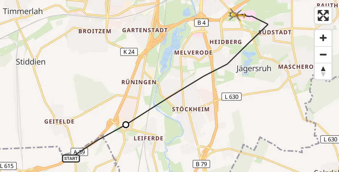Flugroute Rettungshubschrauber Salzgitter - Braunschweig, 10 August 2026, 18:16
