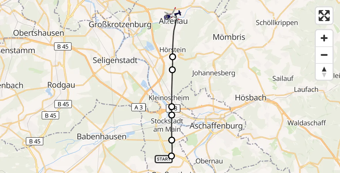 Flugroute Polizeihubschrauber Flugplatz Aschaffenburg - Alzenau, 10 August 2026, 18:22