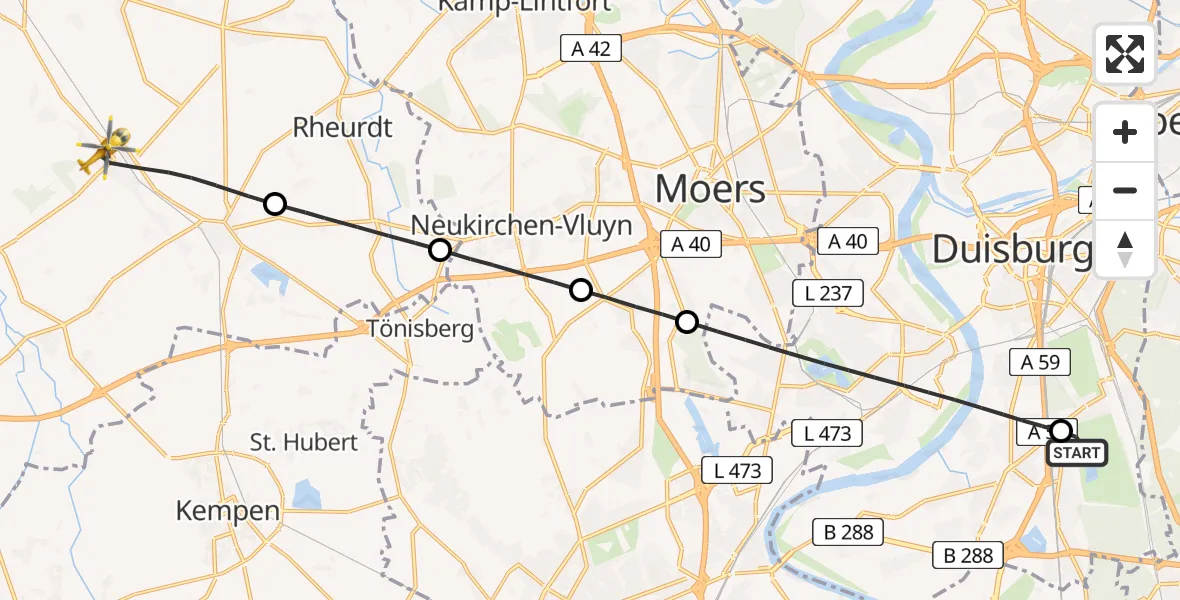 Flugroute Rettungshubschrauber Duisburg Air Rescue Hubschrauberlandeplatz (Christoph 9) - Kerken, 10 August 2026, 18:24