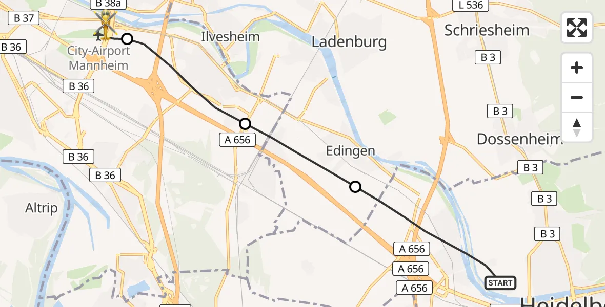 Flugroute Rettungshubschrauber Heidelberg - Mannheim-City Flughafen, 10 August 2026, 18:25