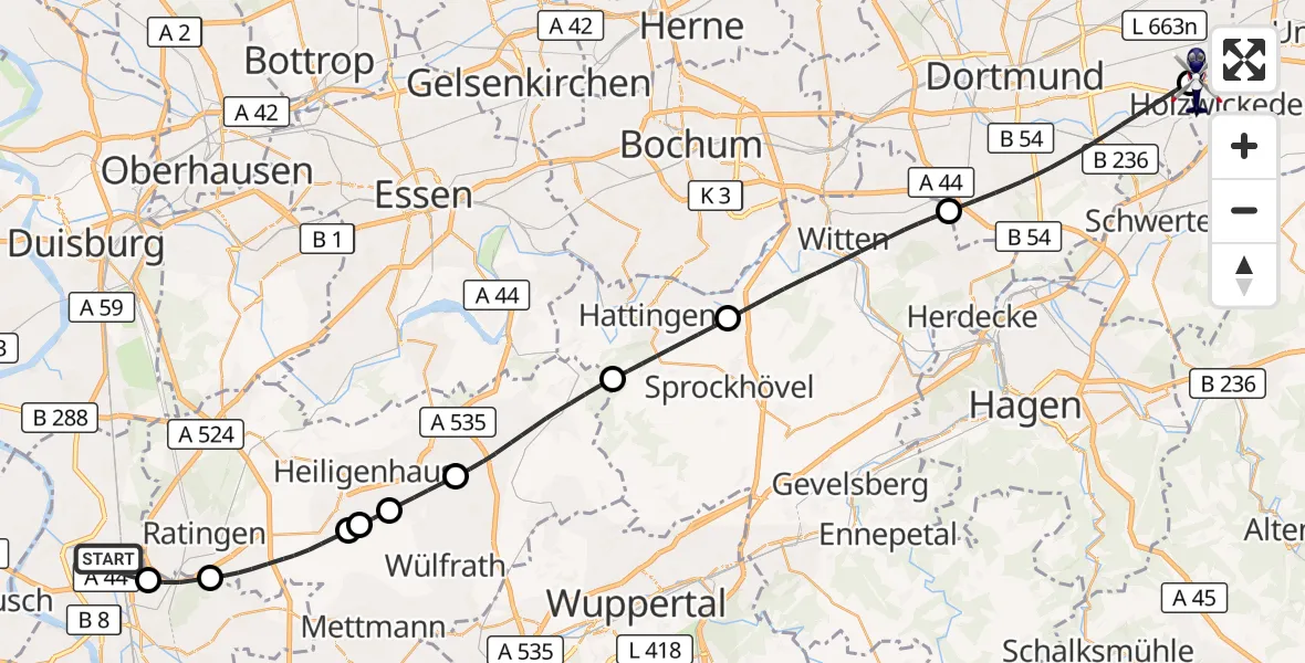 Flugroute Polizeihubschrauber Düsseldorf Flughafen - Dortmund Flughafen, 10 August 2026, 18:30
