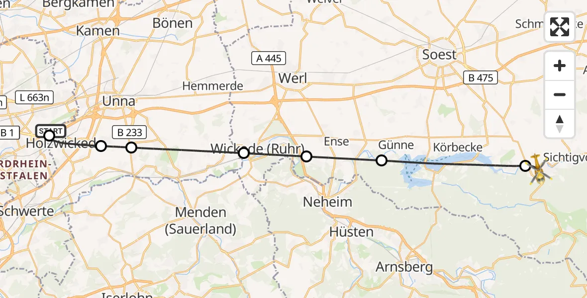 Flugroute Rettungshubschrauber Dortmund Flughafen - Warstein, 10 August 2026, 18:31