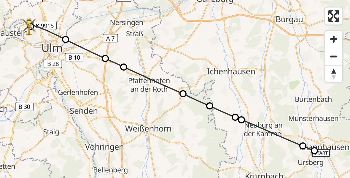 Flugroute Rettungshubschrauber Thannhausen - Ulm Military Hospital Emergency Hubschrauberlandeplatz, 10 August 2026, 18:32