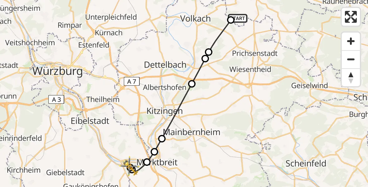 Flugroute Rettungshubschrauber Lülsfeld - Ochsenfurt Hospital, 10 August 2026, 18:37