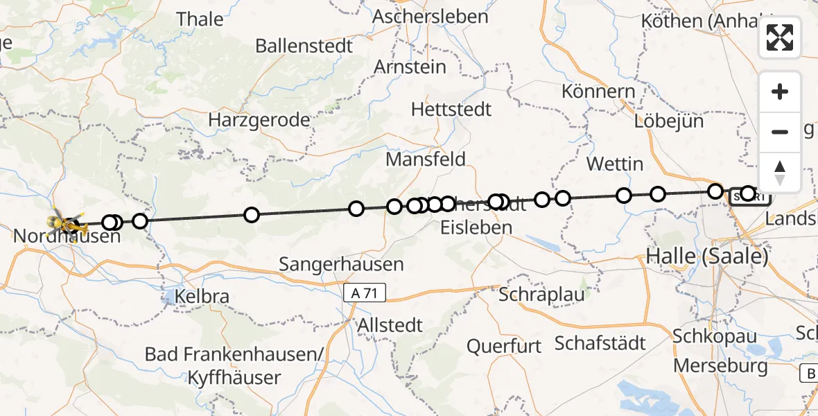 Flugroute Rettungshubschrauber Halle-Oppin Flugplatz - Südharz Hospital Nordhausen, 10 August 2026, 18:38