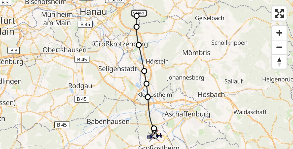 Flugroute Polizeihubschrauber Rodenbach - Flugplatz Aschaffenburg, 10 August 2026, 18:37