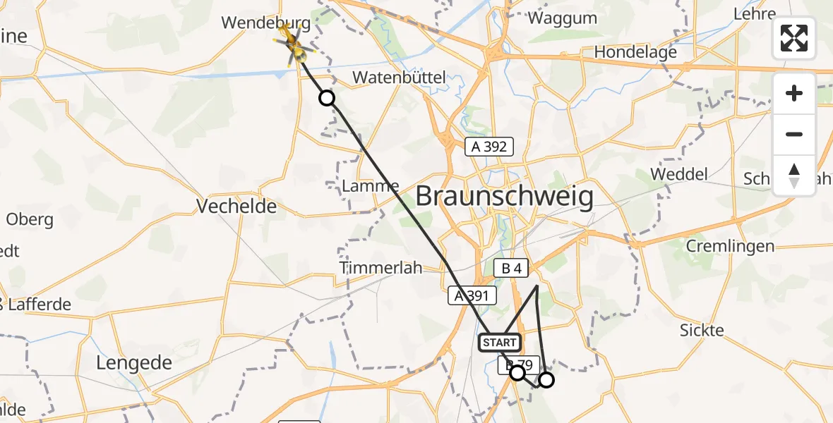 Flugroute Rettungshubschrauber Braunschweig - Wendeburg, 10 August 2026, 18:43