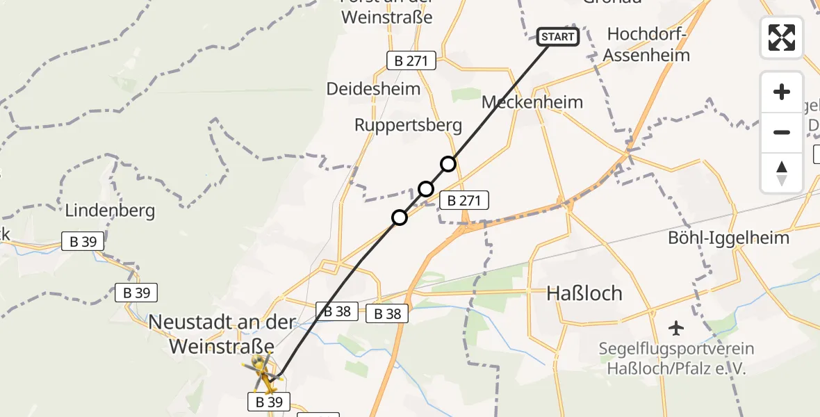 Flugroute Rettungshubschrauber Meckenheim - Neustadt an der Weinstraße, 10 August 2026, 18:45
