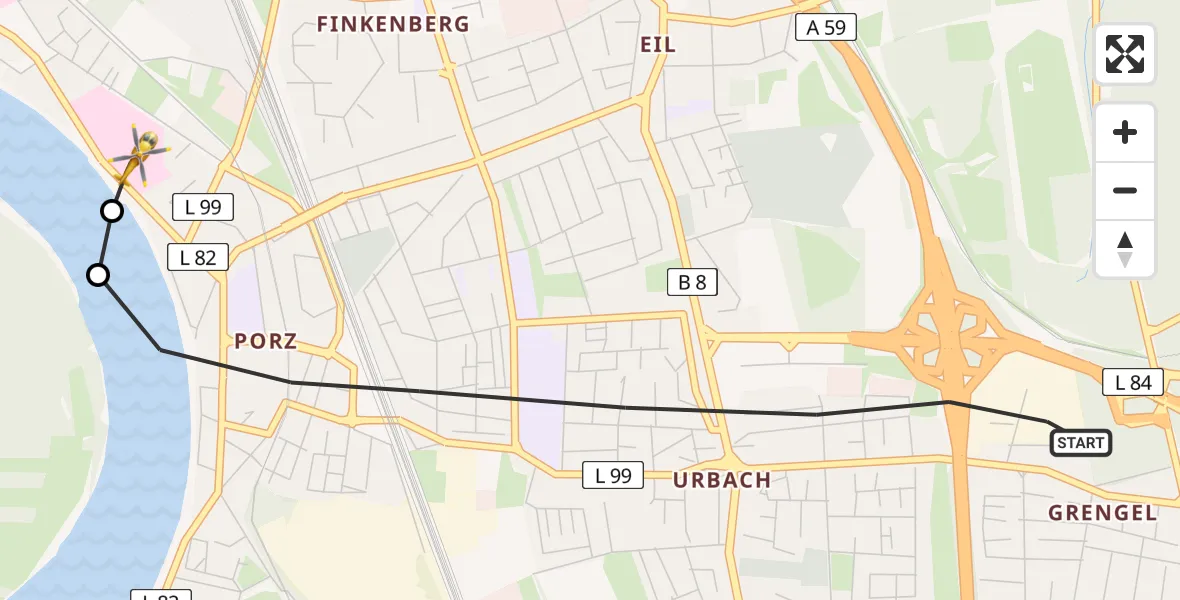 Flugroute Rettungshubschrauber Köln - Porz am Rhein Hospital, 10 August 2026, 18:50