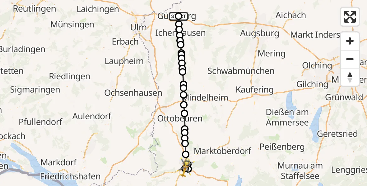 Flugroute Rettungshubschrauber Günzburg Hospital - Kempten-Durach Flugplatz, 10 August 2026, 18:57