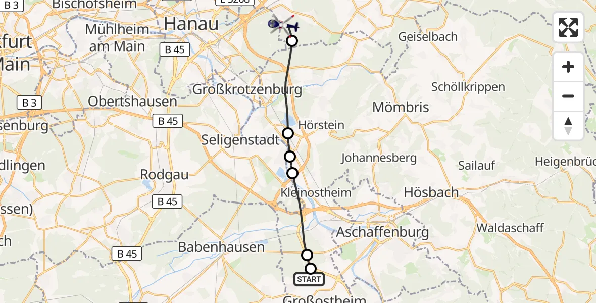 Flugroute Polizeihubschrauber Flugplatz Aschaffenburg - Rodenbach, 10 August 2026, 19:01