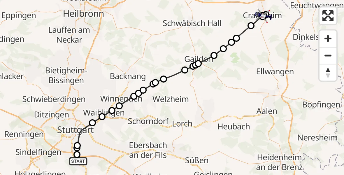 Flugroute Polizeihubschrauber Flughafen Stuttgart - Crailsheim Hospital, 10 August 2026, 19:01