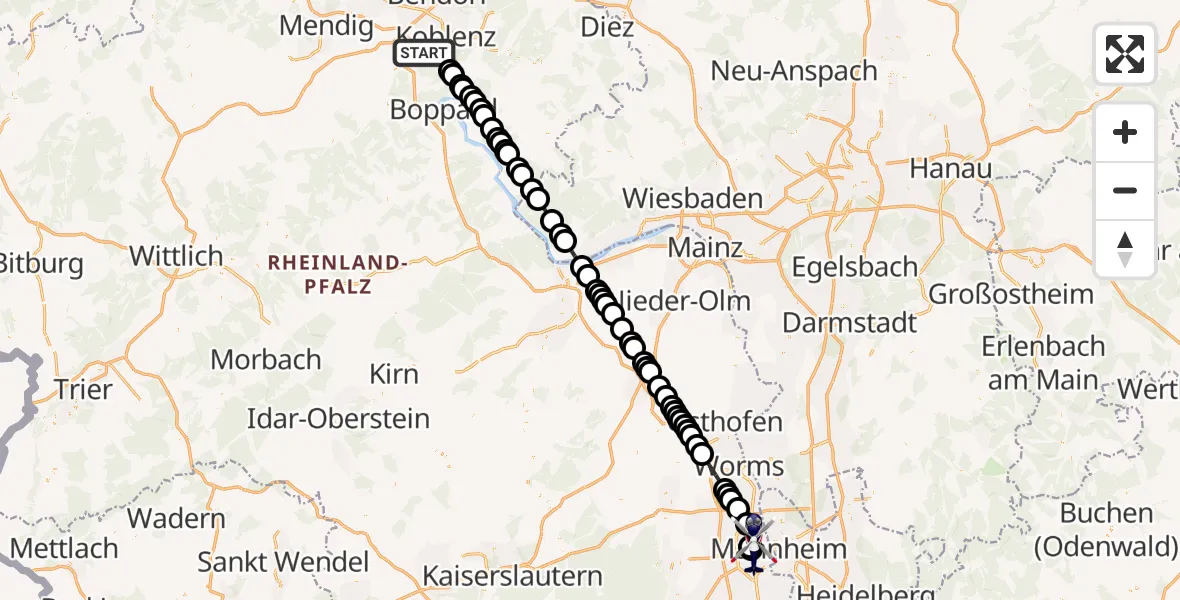 Flugroute Polizeihubschrauber Koblenz - Ludwigshafen am Rhein, 10 August 2026, 19:05