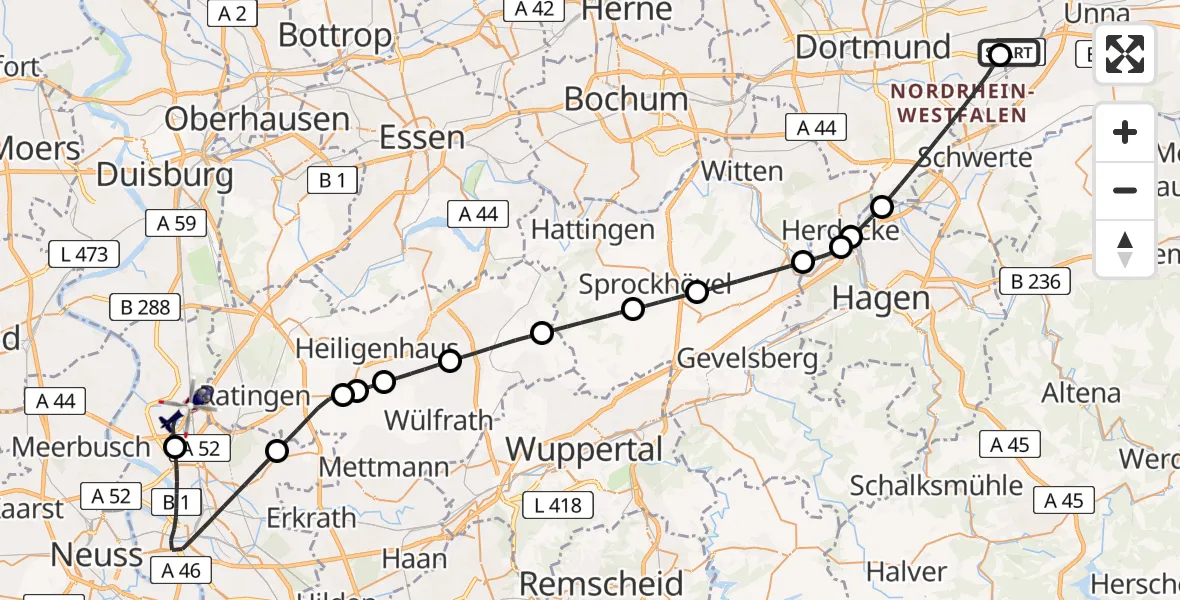 Flugroute Polizeihubschrauber Dortmund Flughafen - Düsseldorf Flughafen, 10 August 2026, 19:07