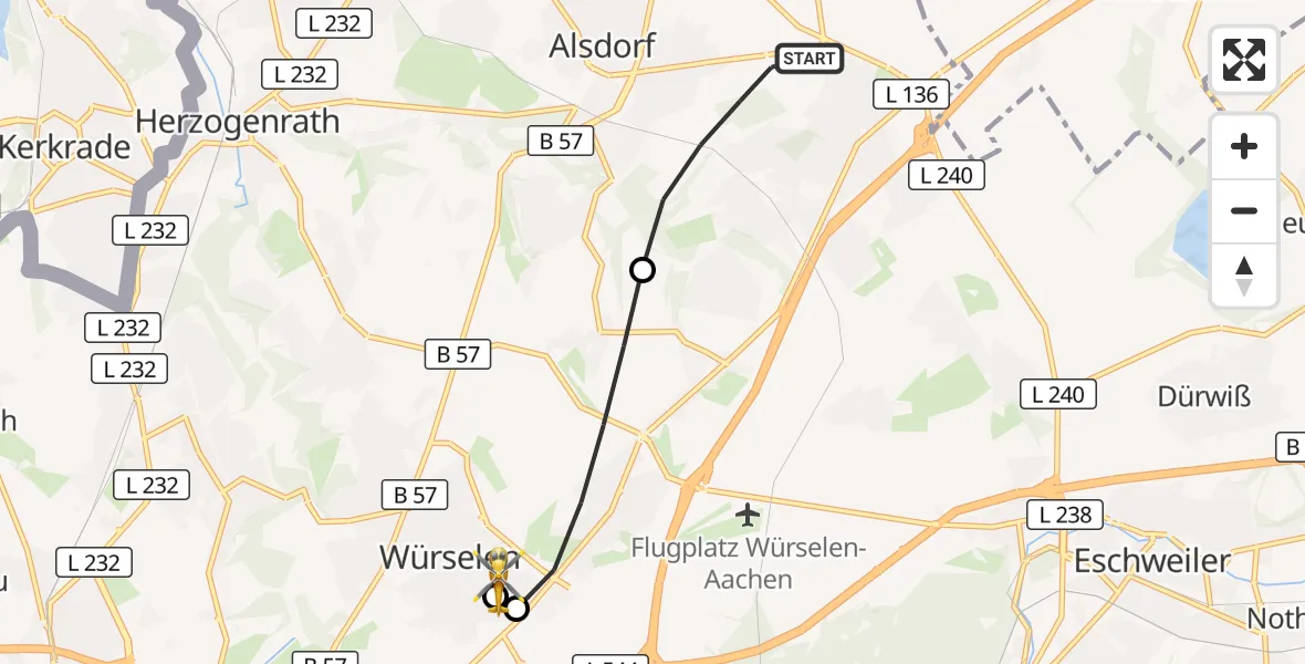 Flugroute Rettungshubschrauber Alsdorf - Rhein-Maas Hospital, 10 August 2026, 19:09