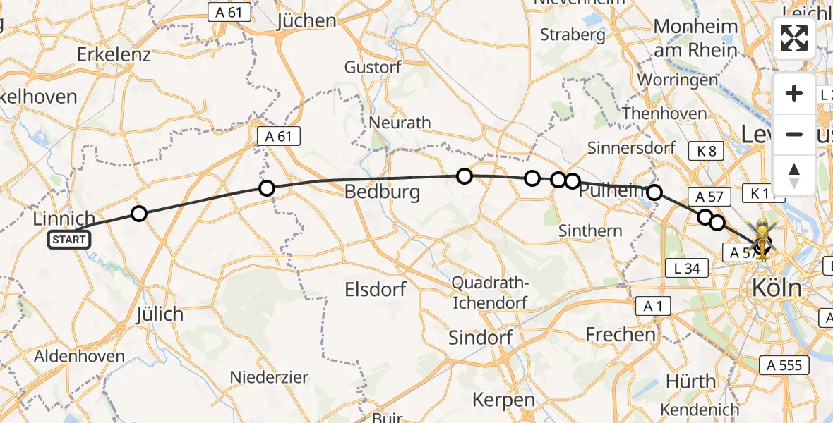 Flugroute Ambulanzhubschrauber Linnich - Sankt Vinzenz Hospital, 10 August 2026, 19:12