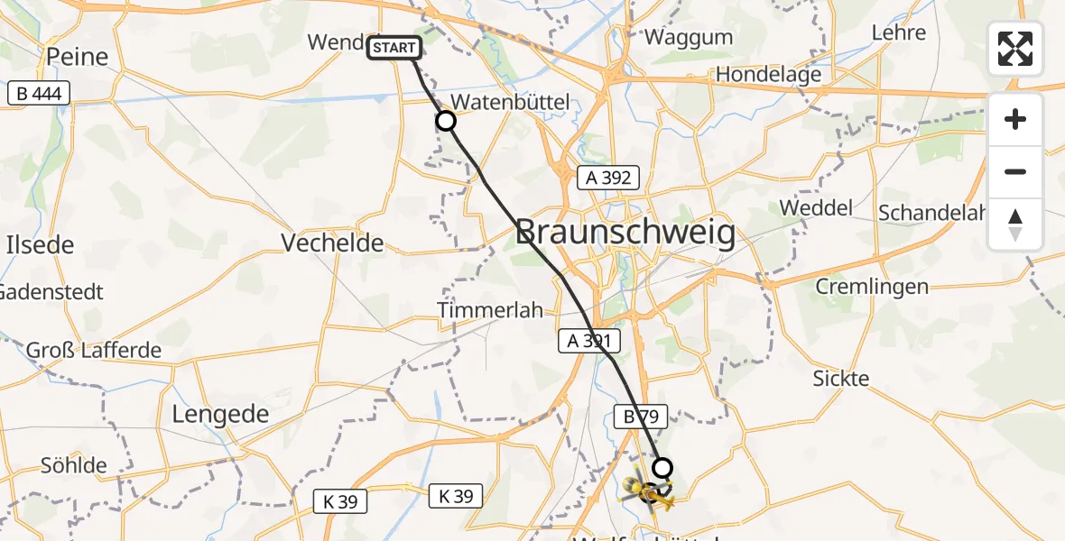 Flugroute Rettungshubschrauber Wendeburg - Wolfenbüttel Municipal Hospital Heliport (Christoph 30), 10 August 2026, 19:13