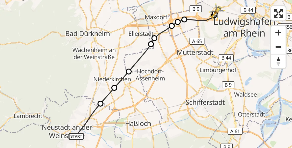 Flugroute Rettungshubschrauber Neustadt an der Weinstraße - Ludwigshafen Accident Hospital, 10 August 2026, 19:17