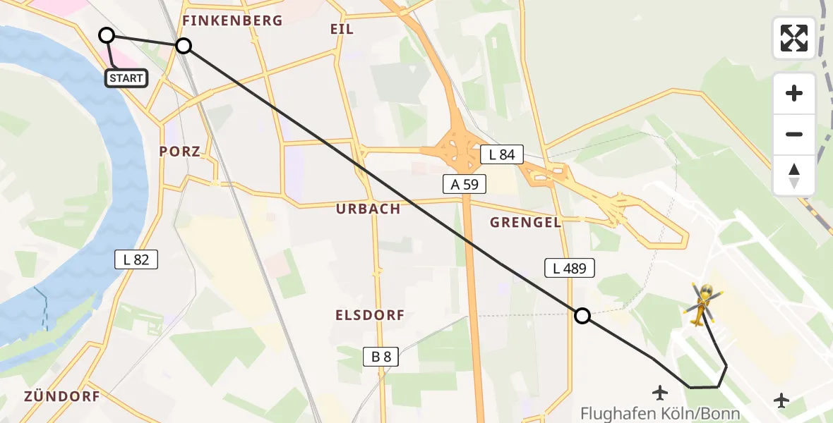 Flugroute Rettungshubschrauber Porz am Rhein Hospital - Köln Bonn Flughafen, 10 August 2026, 19:21