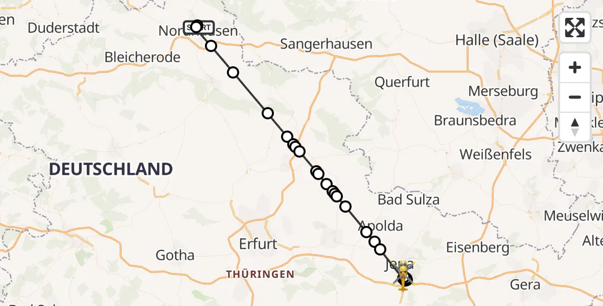 Flugroute Rettungshubschrauber Südharz Hospital Nordhausen - Lobeda Hubschrauberlandeplatz, 10 August 2026, 19:24