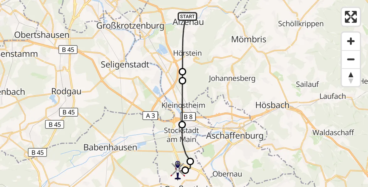 Flugroute Polizeihubschrauber Alzenau - Flugplatz Aschaffenburg, 10 August 2026, 19:27