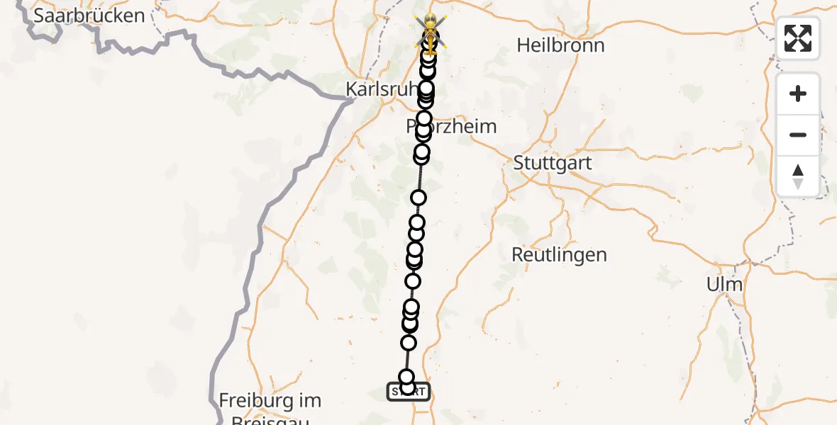 Flugroute Ambulanzhubschrauber DRF Air Rescue Station Villingen-Schwenningen Hubschrauberlandeplatz (Christoph 11) - Forst, 10 August 2026, 19:28