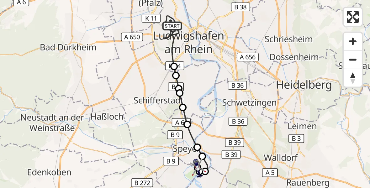 Flugroute Polizeihubschrauber Ludwigshafen am Rhein - Speyer, 10 August 2026, 19:38