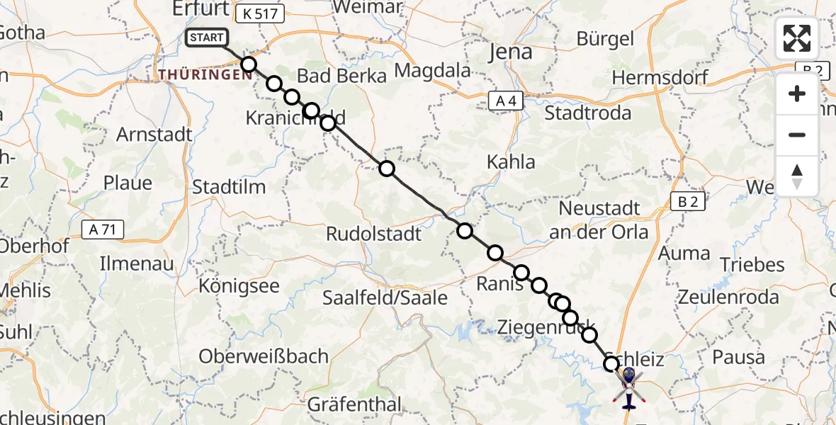 Flugroute Polizeihubschrauber Erfurt - Schleiz, 10 August 2026, 19:40