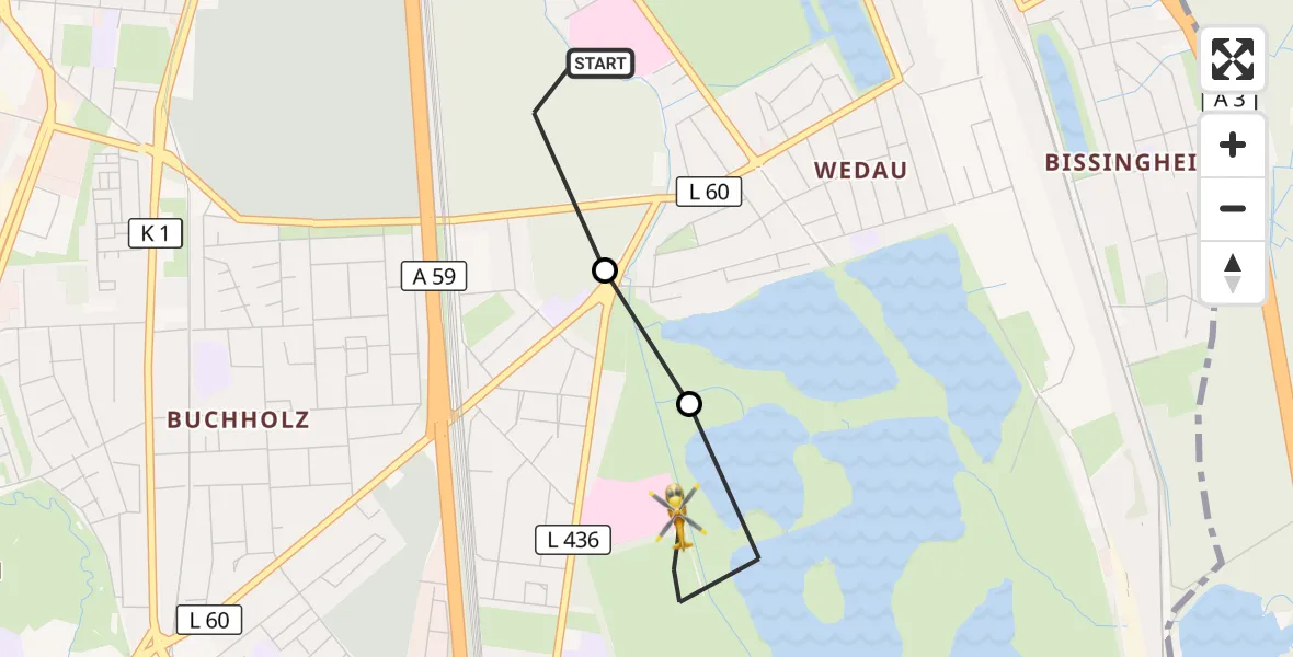Flugroute Rettungshubschrauber Sana Clinic Duisburg Hubschrauberlandeplatz - Duisburg Air Rescue Hubschrauberlandeplatz (Christoph 9), 10 August 2026, 19:42