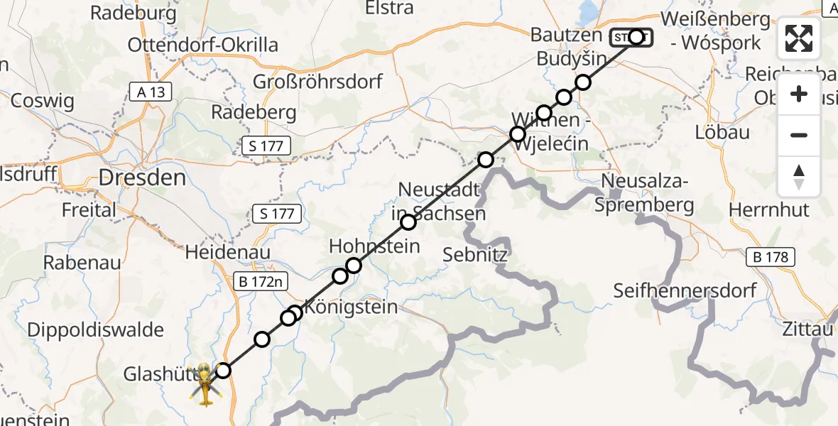 Flugroute Rettungshubschrauber Bautzen Flugplatz - Liebstadt, 10 August 2026, 19:43