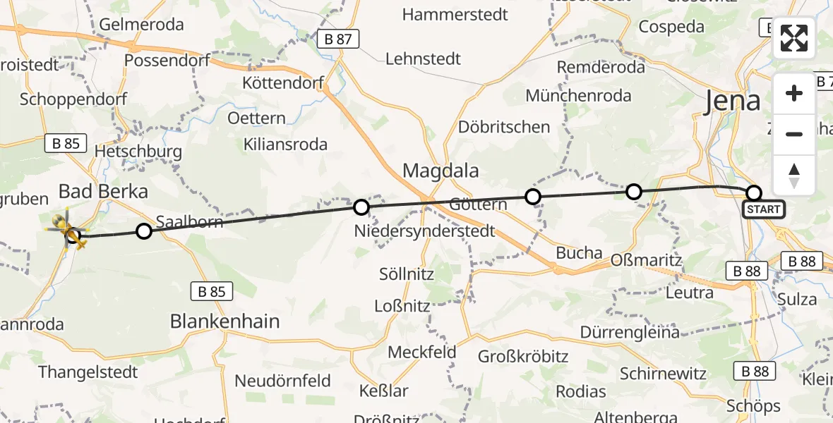Flugroute Ambulanzhubschrauber Lobeda Hubschrauberlandeplatz - Bad Berka Zentralklinik Hubschrauberlandeplatz, 10 August 2026, 19:44