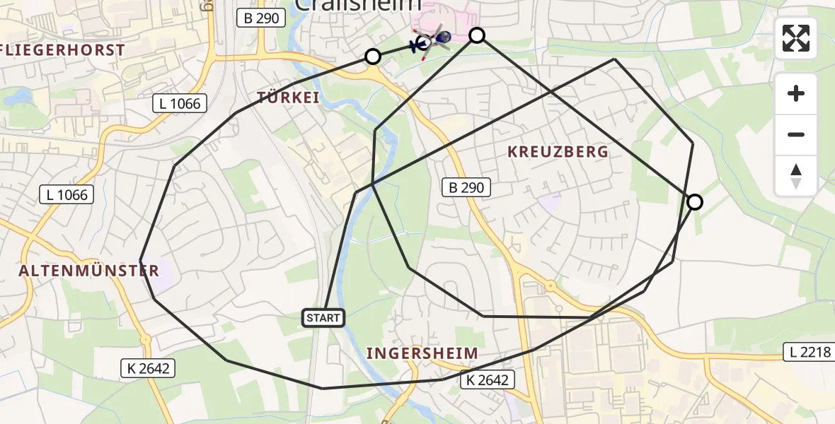Flugroute Polizeihubschrauber Crailsheim - Crailsheim Hospital, 10 August 2026, 19:47